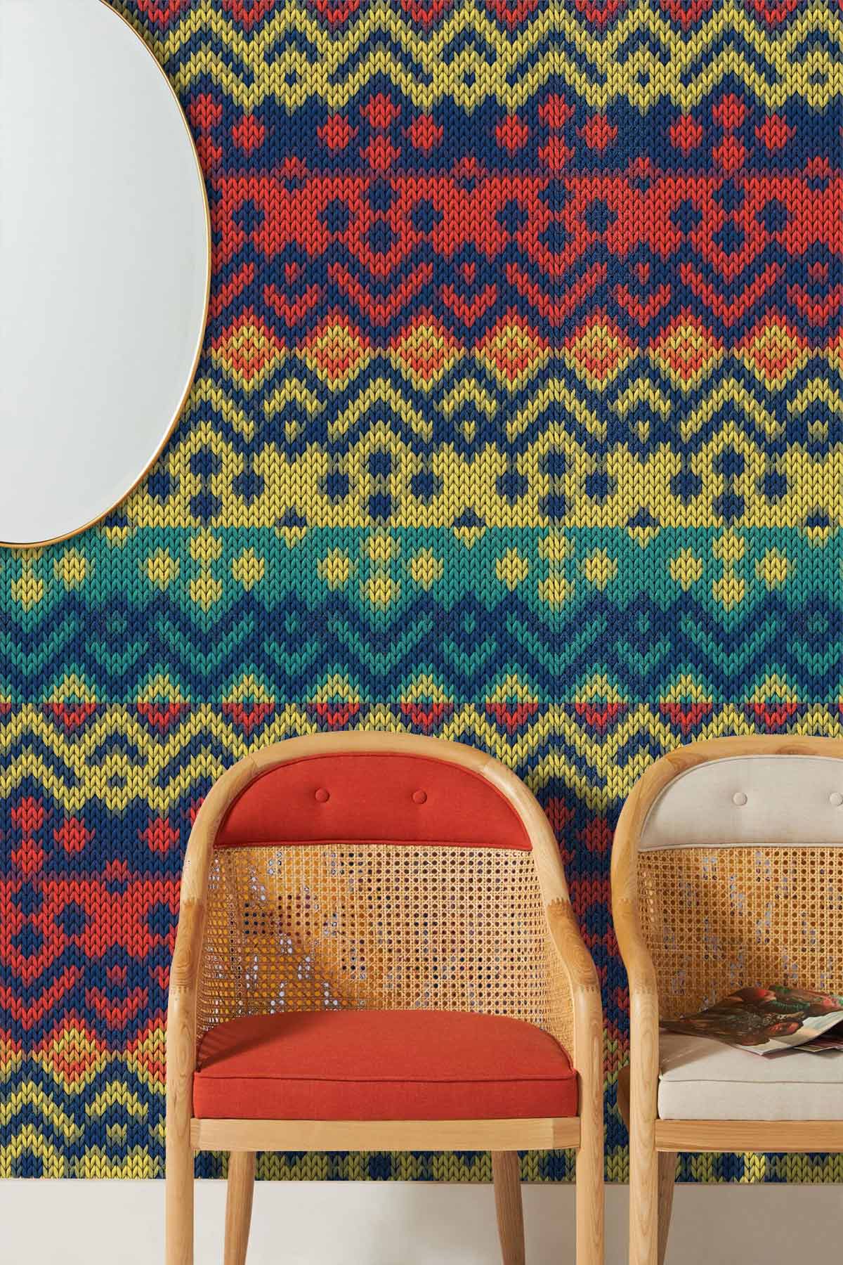 Vibrant Multicolour Ethnic Chevron Pattern Mural, Bohemian Decor, Wooden Chairs, Round Mirror, Room Styling.