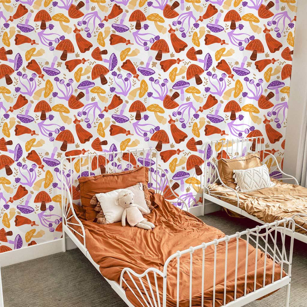 Autumnal Forest Mushroom Pattern Wallpaper, Vibrant Orange and Purple ...
