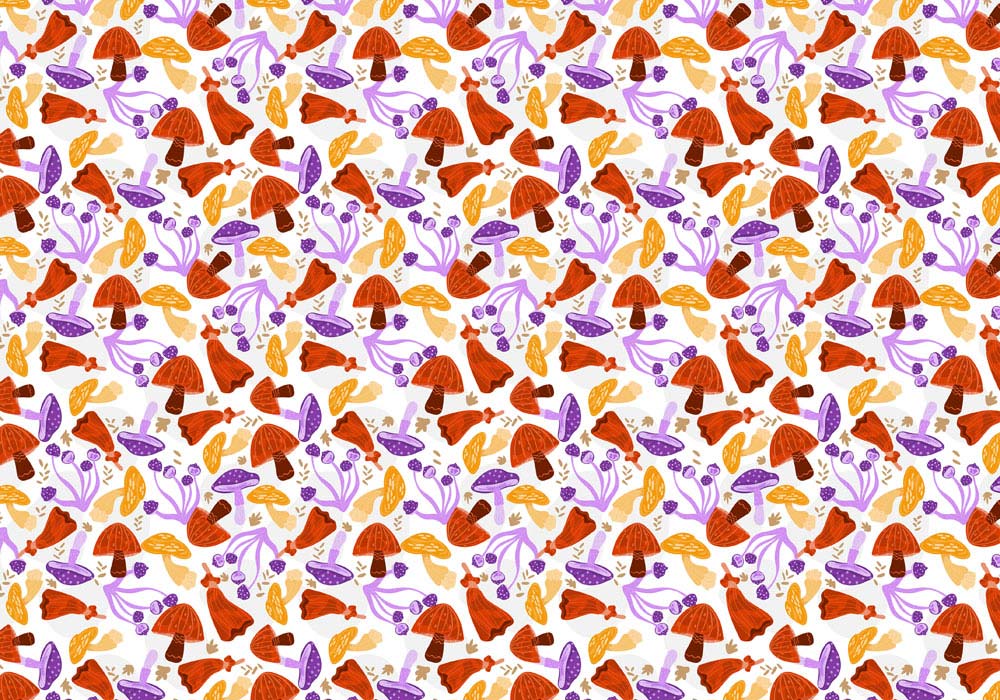 Autumnal Forest Mushroom Pattern Wallpaper, Vibrant Orange and Purple Design