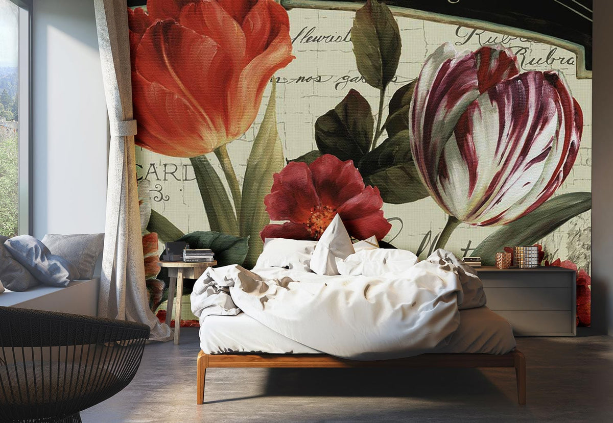 Vintage floral botanical mural wallpaper in warm red and cream tones adorning modern bedroom decor.