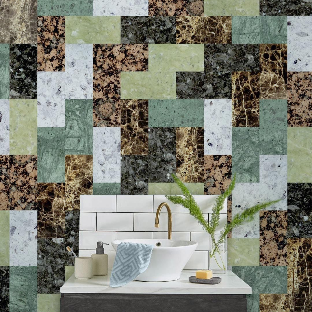 Modern bathroom with Rustic Mosaic Brick Pattern Wallpaper, earthy greens and browns accenting white tile backdrop.