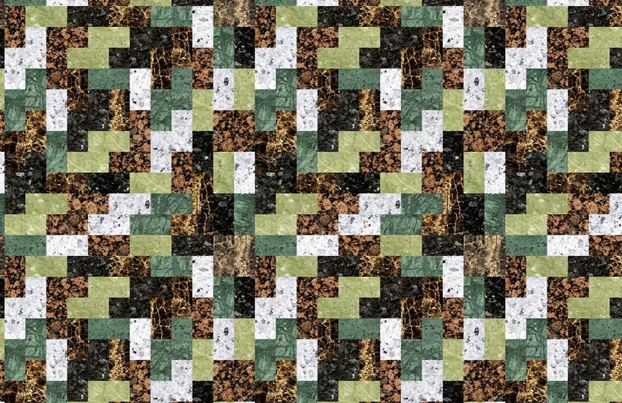 Rustic Mosaic Brick Pattern Wallpaper in Earthy Greens and Browns