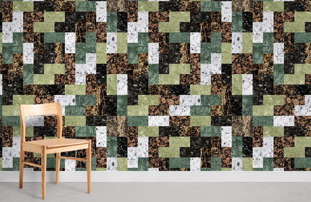 Rustic mosaic brick pattern wallpaper in earthy tones featuring a minimalist wooden chair on concrete flooring.