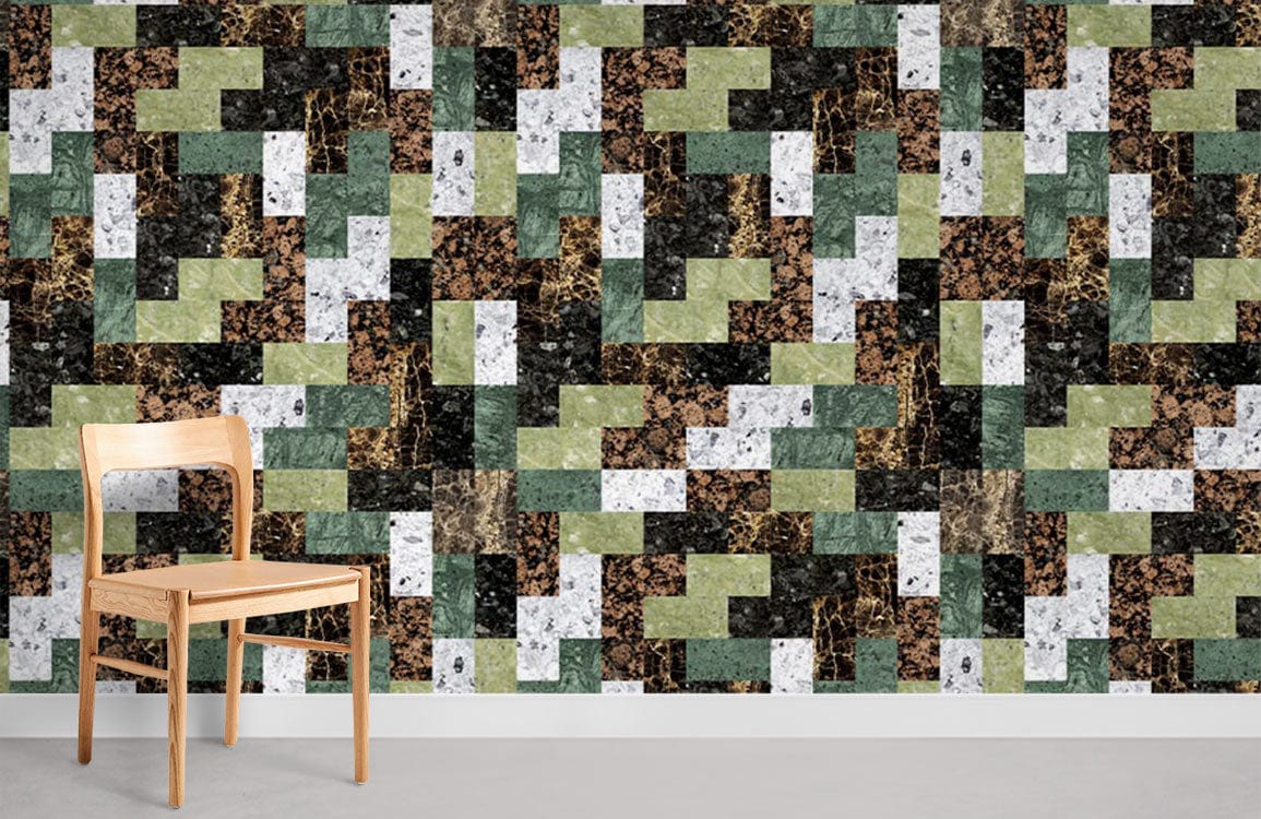 Rustic mosaic brick pattern wallpaper in earthy tones featuring a minimalist wooden chair on concrete flooring.
