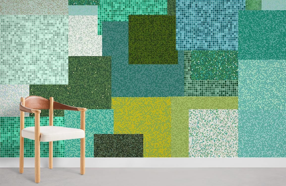 Green geometric mosaic wall art mural, textured; modern wallpaper in room with wooden chair; grey floor.