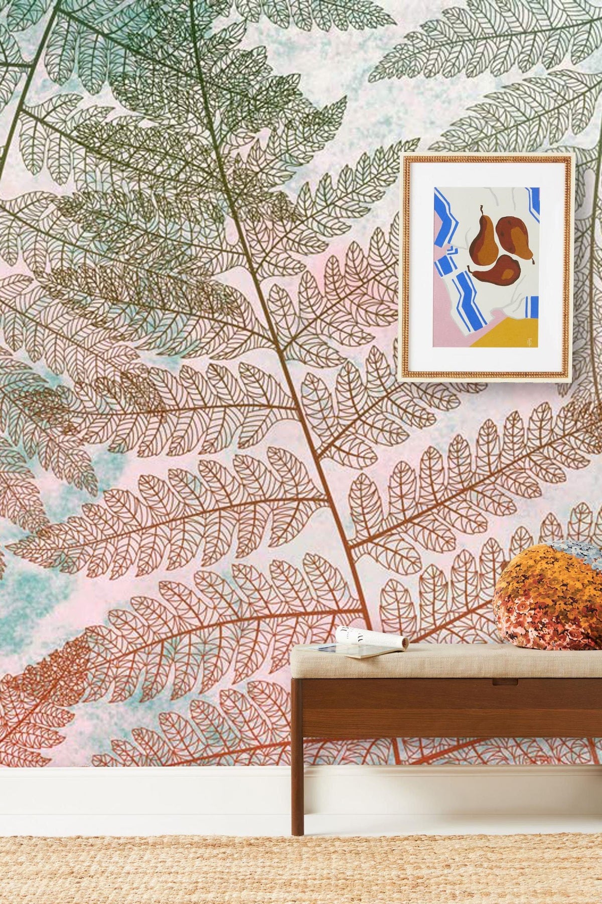Fern Botanical Design Wallpaper featuring earthy green, warm blush tones, wooden bench, art piece, neutral rug.