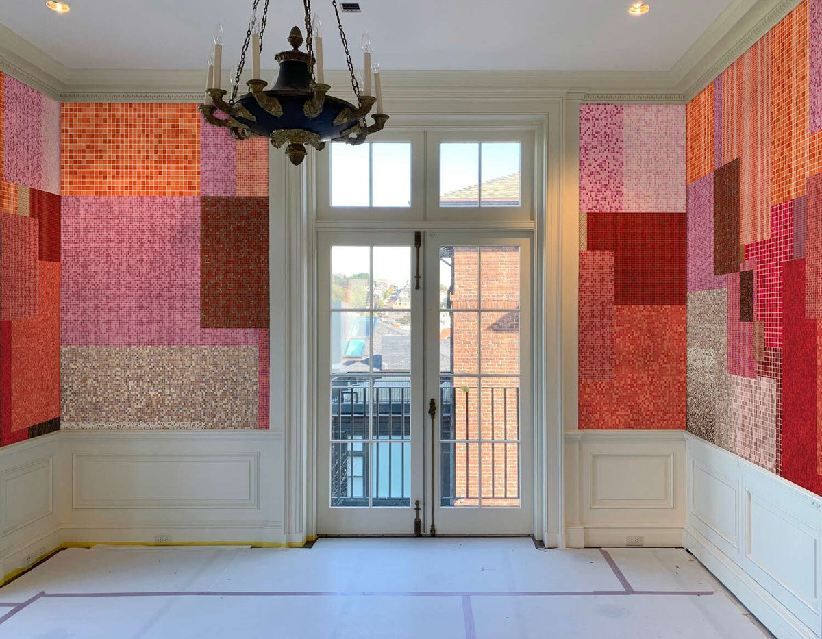 Vibrant Mosaic Squares Wallpaper in multicoloured retro geometric design, dining room with chandelier, large windows.