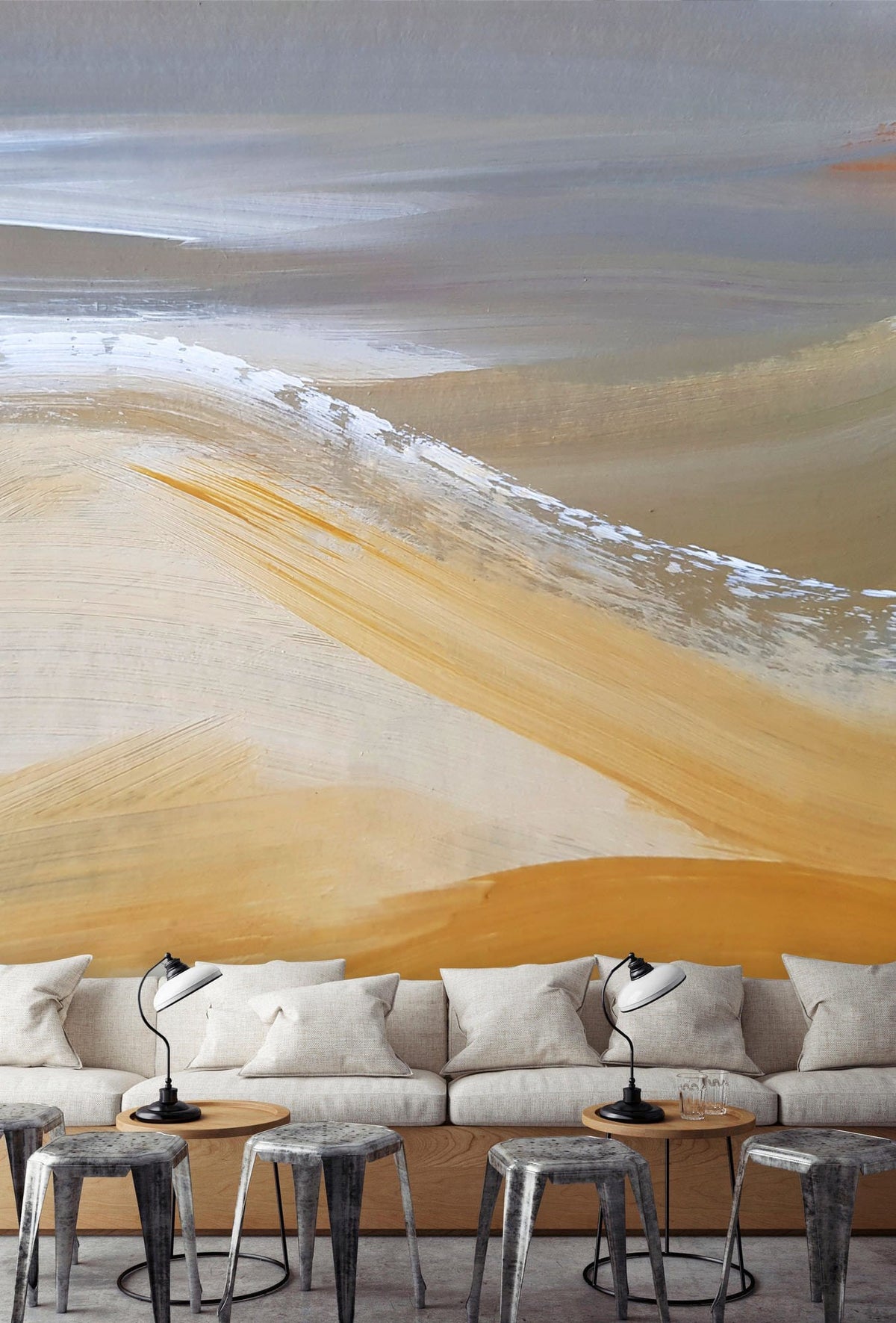 Elegant Sandy Dunes Mural Wallpaper enhances modern living room with neutral tones and beige sofa.