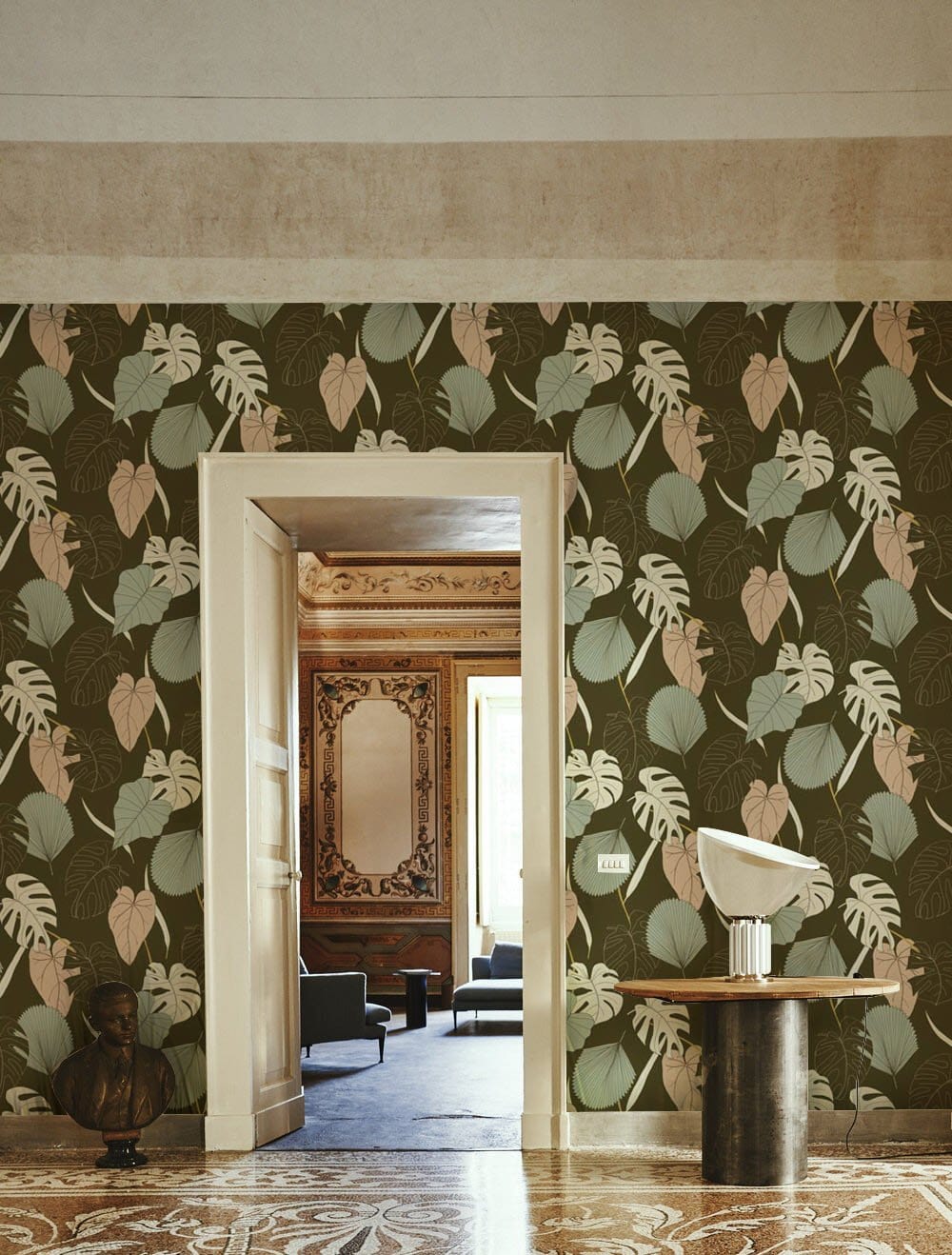 Retro botanical wallpaper in earthy tones, vintage green, ornate flooring, classic sculpture, elegant hallway decor.