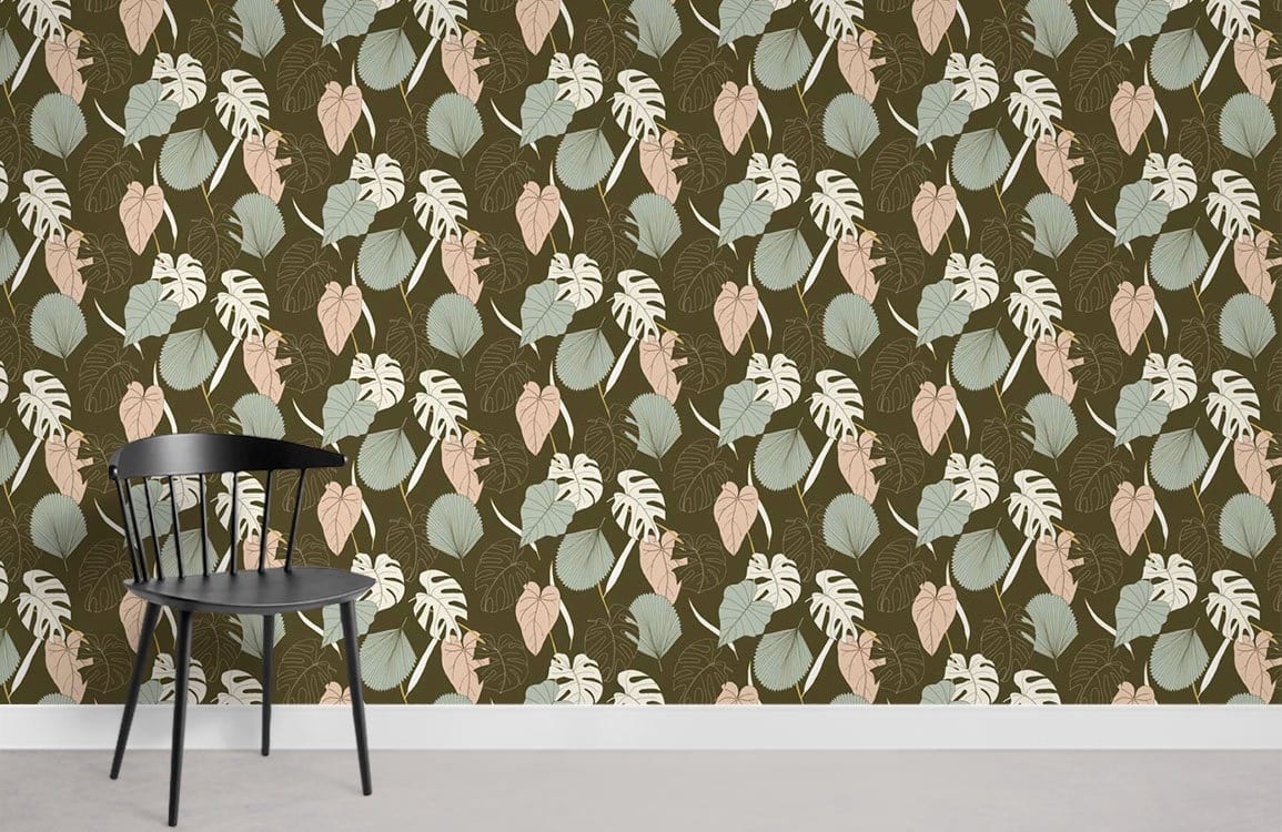 Retro Botanical Patterned Wallpaper in Earthy Tones; vintage green, black chair, modern concrete flooring.