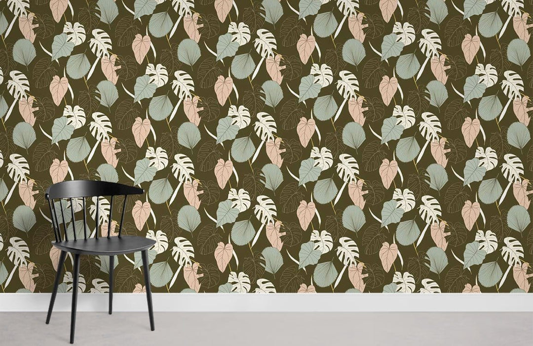 Retro Botanical Patterned Wallpaper in Earthy Tones; vintage green, black chair, modern concrete flooring.