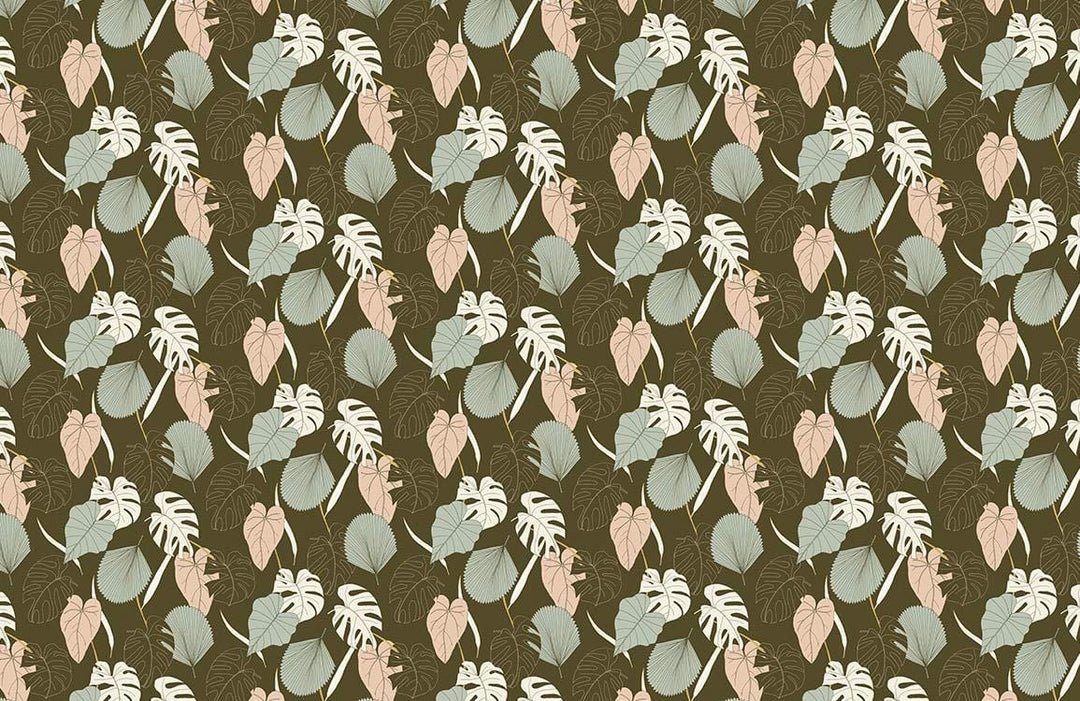 Retro Botanical Patterned Wallpaper in Earthy Tones and Vintage Green
