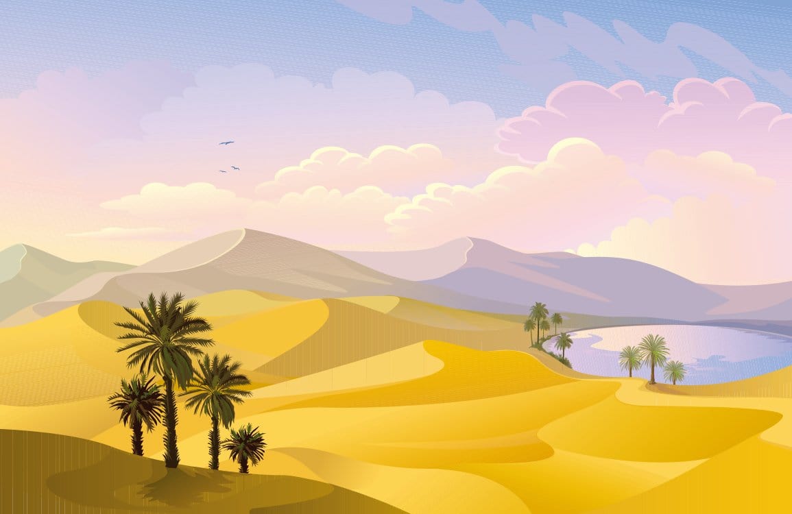 Golden Desert Oasis Mural Wallpaper with Palms and Pastel Skies