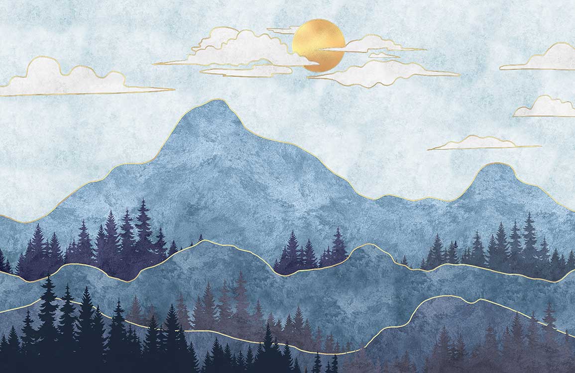 Tranquil Blue Mountain Landscape Mural Wallpaper with Golden Sky Accents