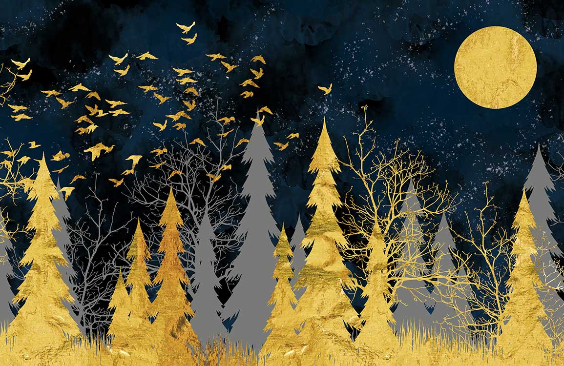 Golden Forest Night Sky Mural Wallpaper: Enchanting Trees and Birds Design