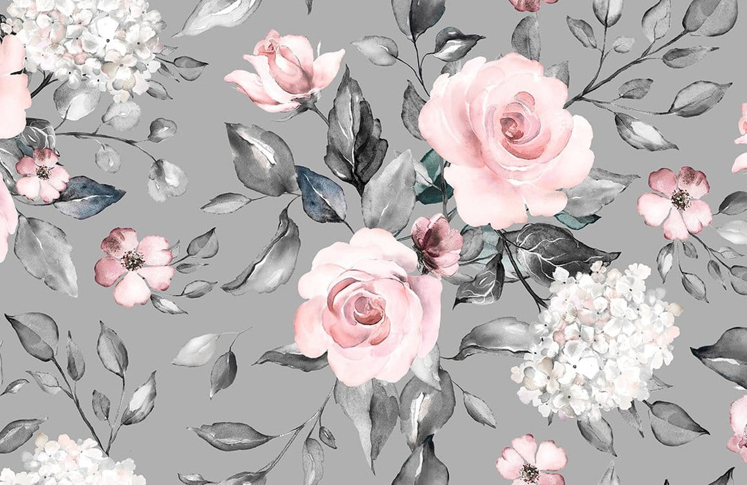 Elegant Grey and Pink Floral Wallpaper - Romantic Watercolour Botanical Design