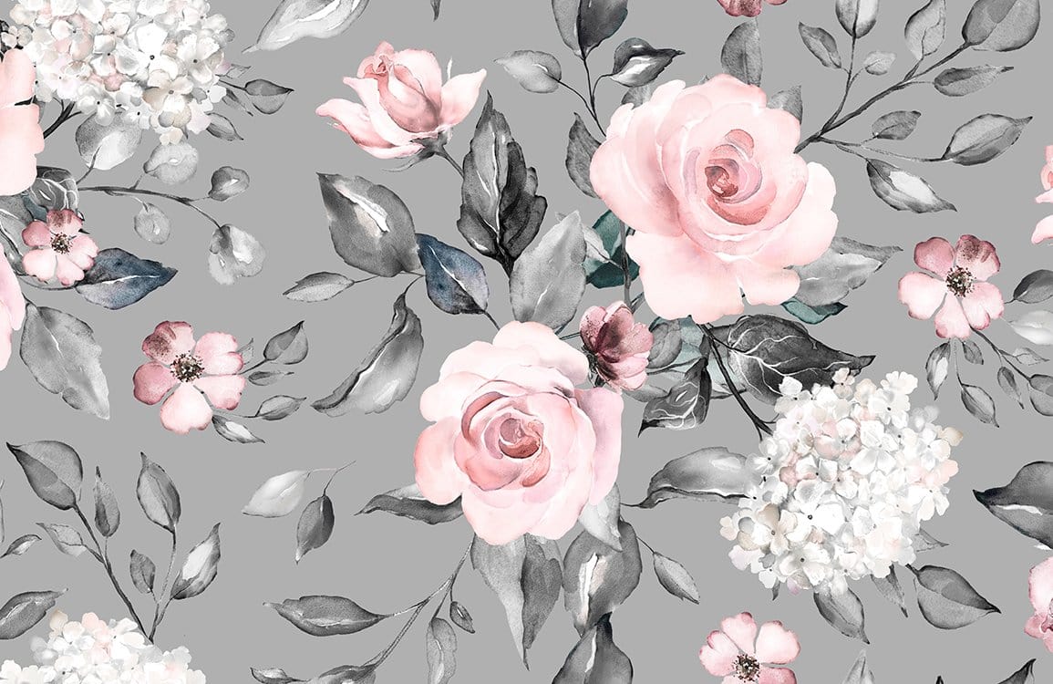Elegant Grey and Pink Floral Wallpaper - Romantic Watercolour Botanical Design