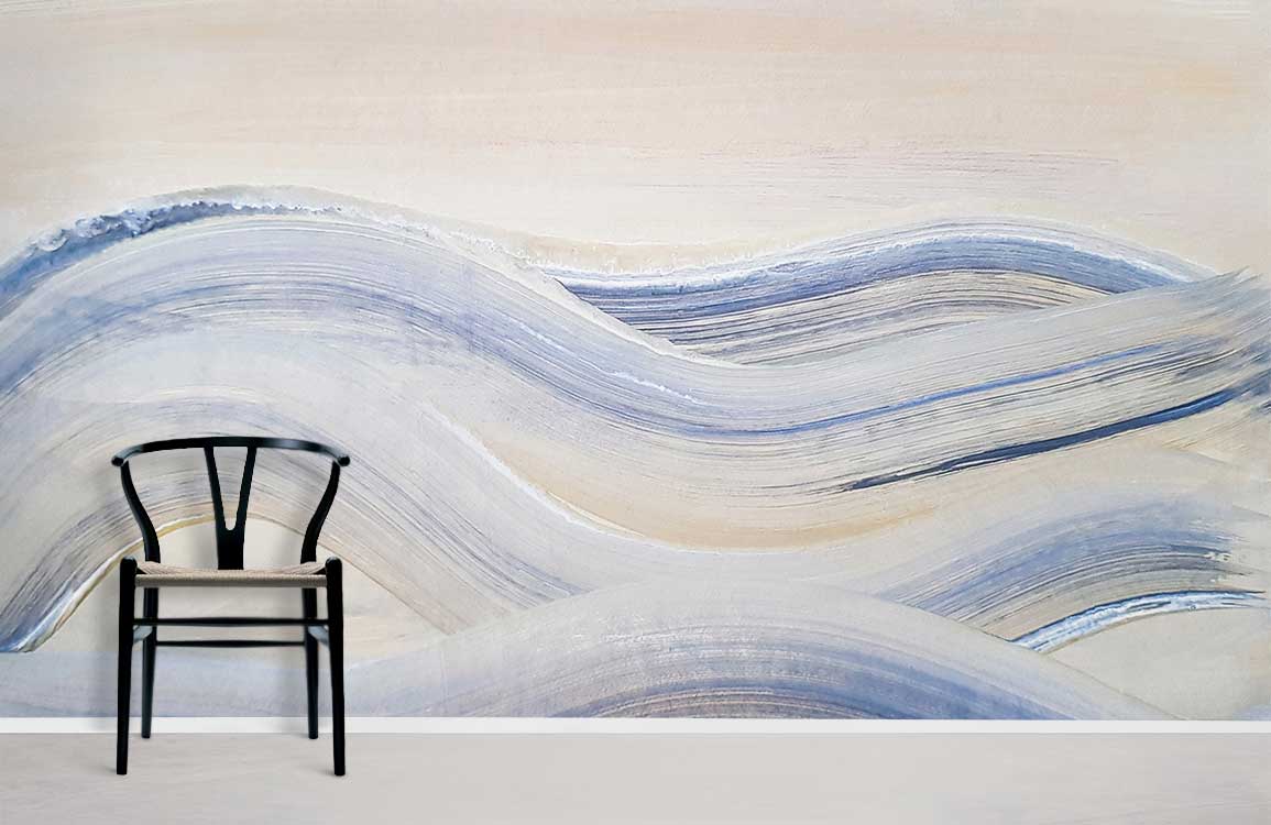 Serene Coastal Waves mural in soft blues, featuring a modern black chair, light flooring, stylish room.
