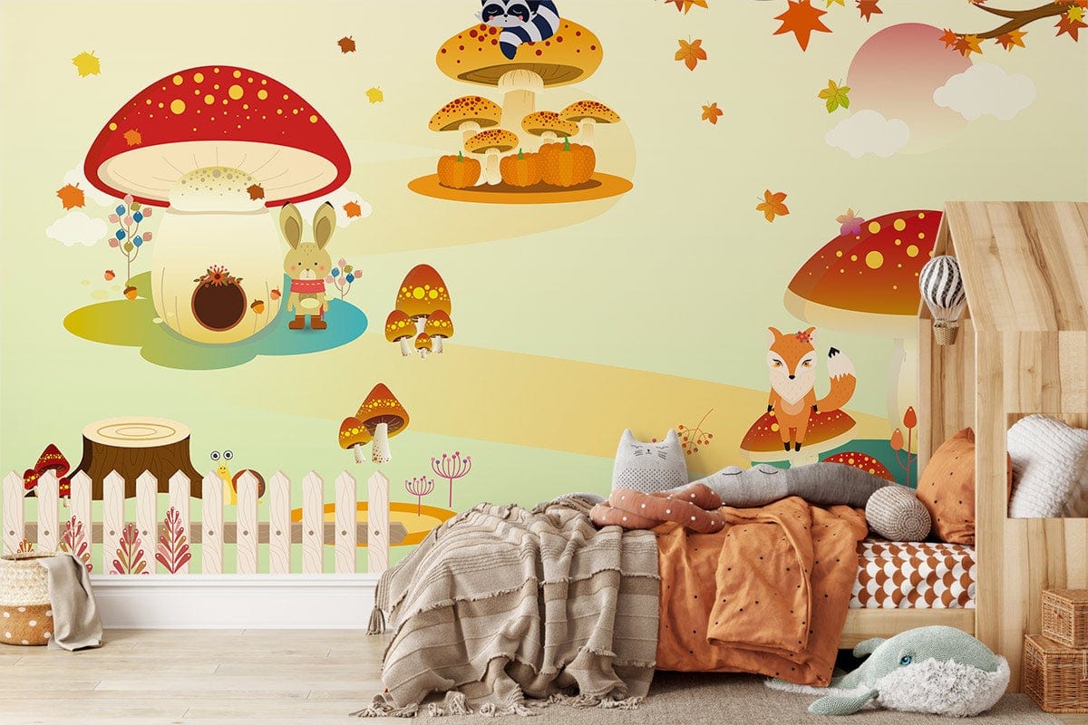 Whimsical woodland mural wallpaper with red mushrooms, autumn leaves, light wood flooring, cosy children's room.
