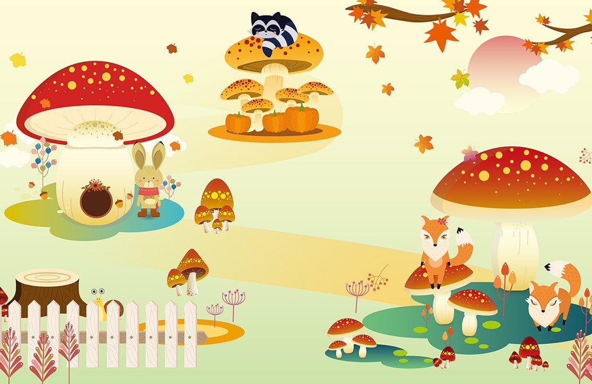 Whimsical Woodland Creatures Children's Mural Wallpaper with Red Mushrooms and Autumn Leaves
