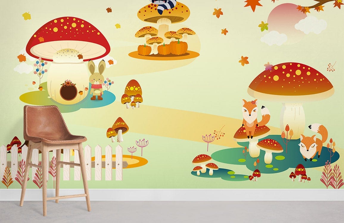 Children's room with whimsical woodland creatures mural, red mushrooms, autumn leaves, leather stool, white fence.