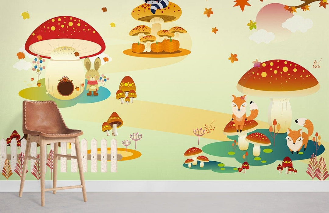 Children's room with whimsical woodland creatures mural, red mushrooms, autumn leaves, leather stool, white fence.