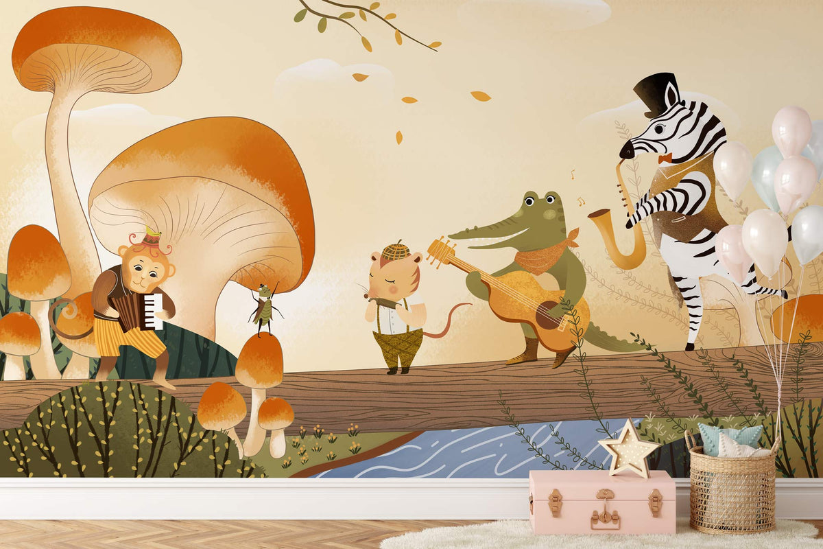 Whimsical Forest Animal Band Mural Wallpaper, warm autumn tones, nursery, wooden flooring, pastel balloons.