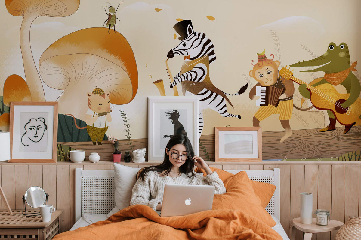 Whimsical Forest Animal Band Mural Wallpaper in bedroom with warm tones, girl reading on bed.