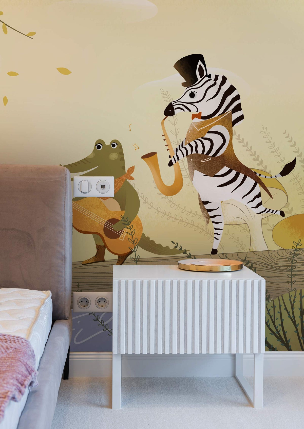Mural wallpaper featuring jungle animals, beige wall, white bedside table, contemporary bedroom design, earthy decor.