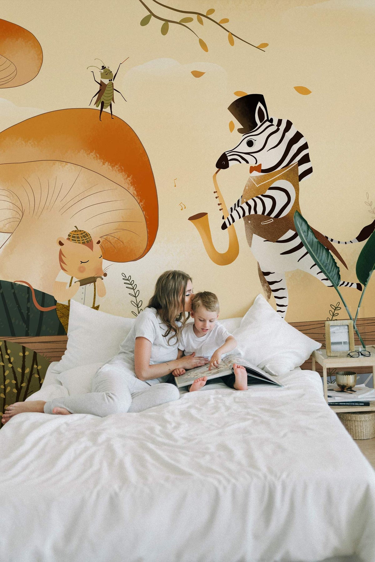 Whimsical Woodland Parade wallpaper with animal musicians; cosy bedroom with white bedding, wooden bed frame.