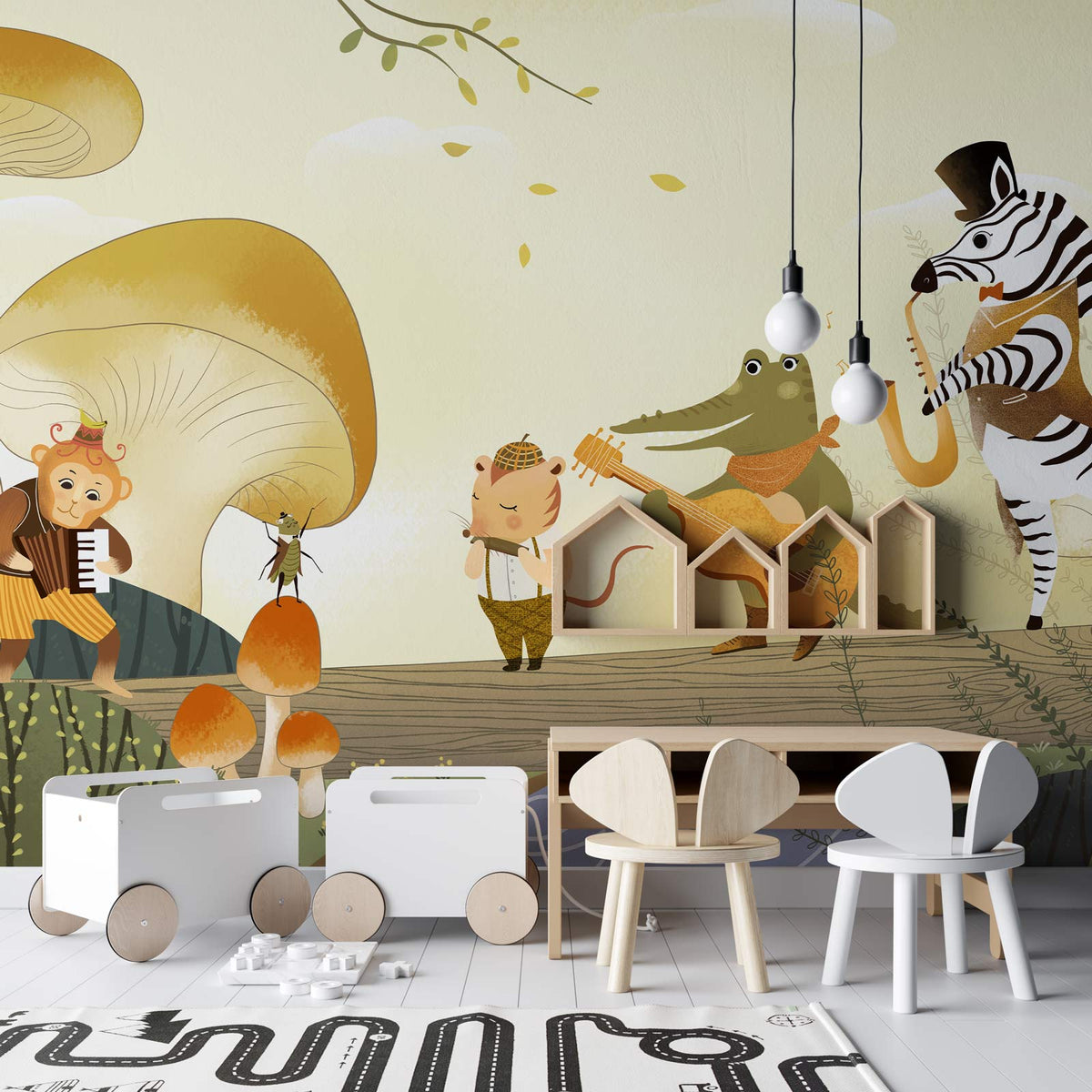 Whimsical Jungle Band mural in children's room with light wood furniture, white play chairs, and floor.