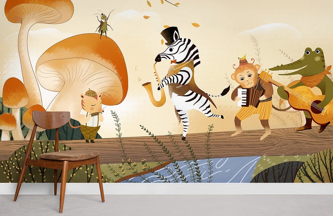Whimsical Woodland Parade wallpaper in children's room featuring animal musicians; wooden chair, neutral flooring.