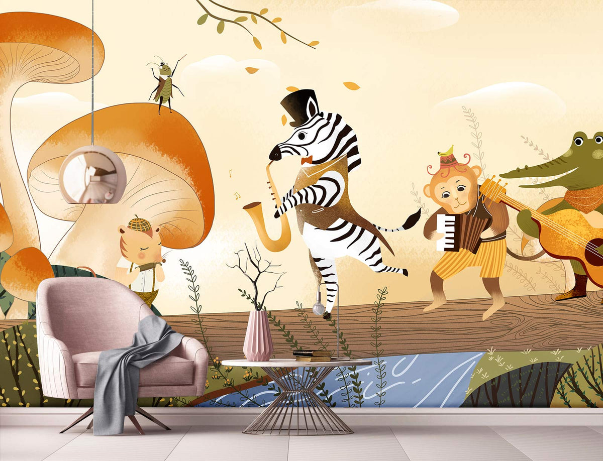 Children's room with animal musicians wallpaper, pink armchair, glass table, and whimsical decor elements.