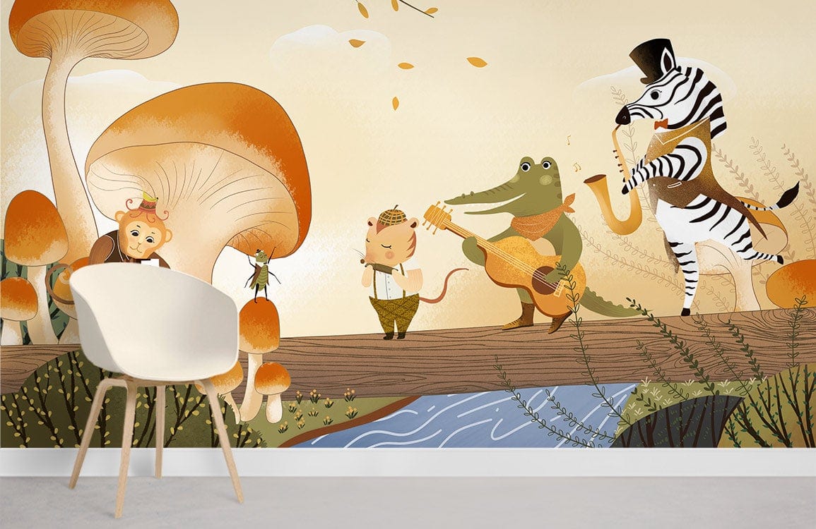 Whimsical forest animal band mural wallpaper, warm tones; white chair, grey floor; children's room Décor.