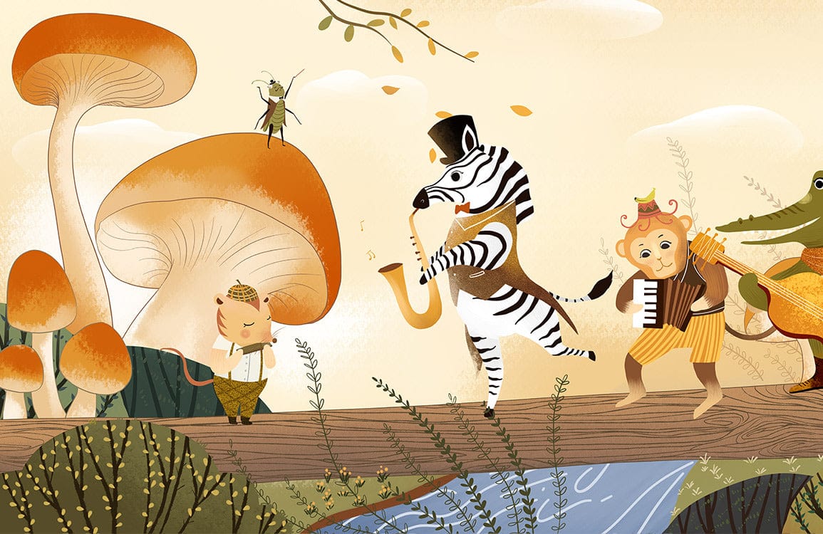 Whimsical Woodland Parade Children's Wallpaper with Animal Musicians in Autumn Tones
