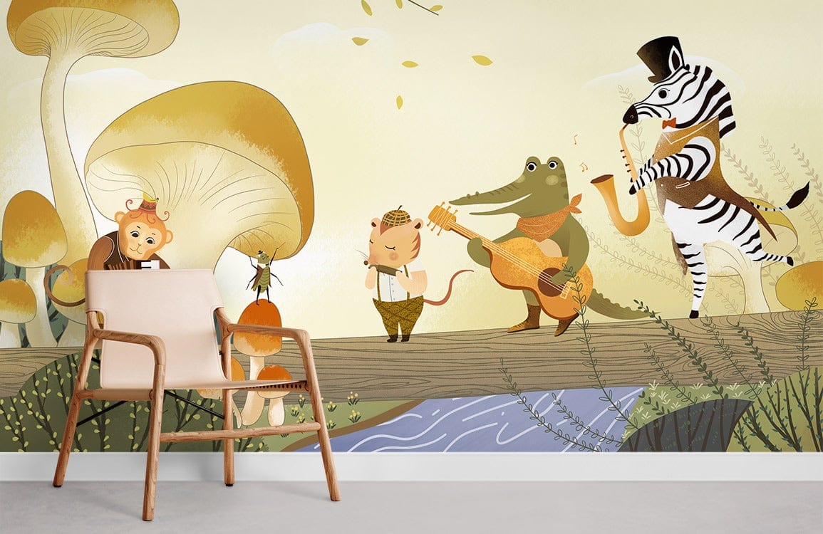 Whimsical Jungle Band Mural with earthy mushrooms, light wooden chair, vibrant animal musicians.