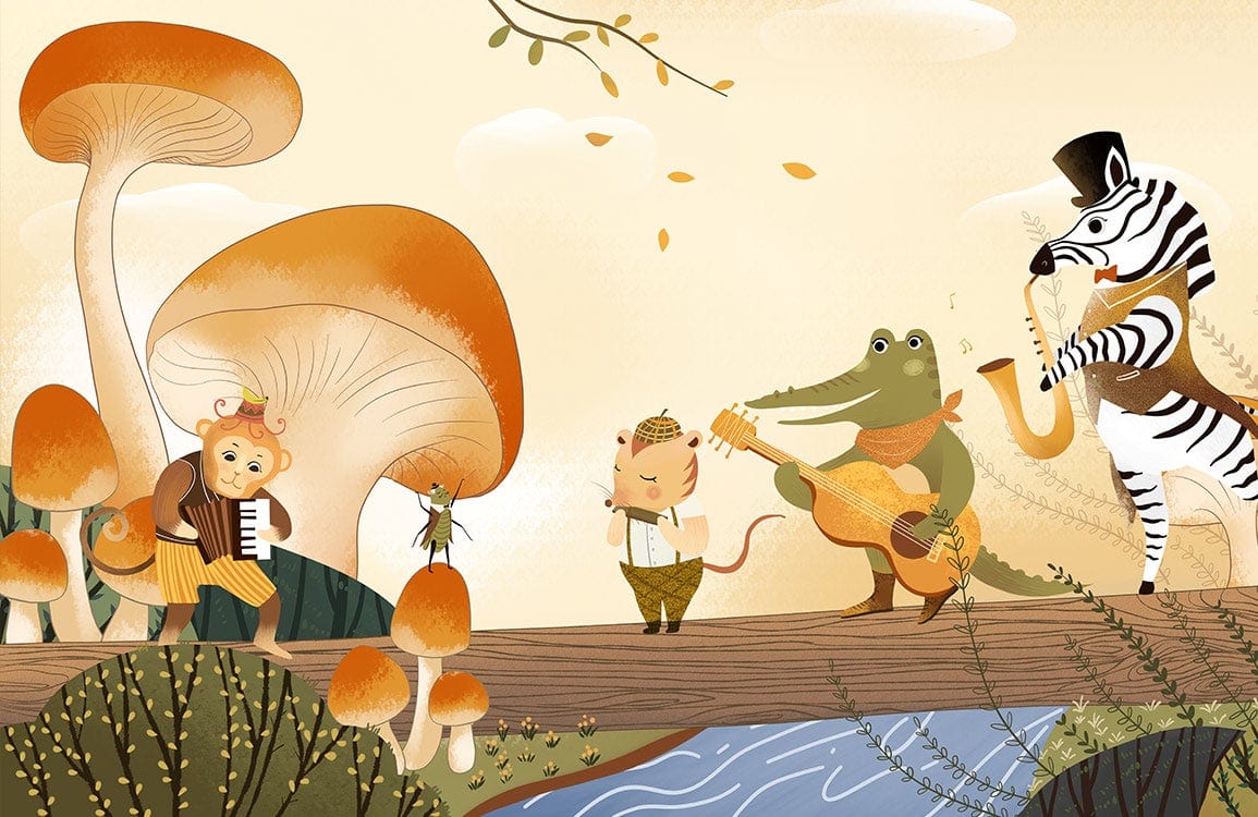 Whimsical Forest Animal Band Mural Wallpaper in Warm Autumn Tones