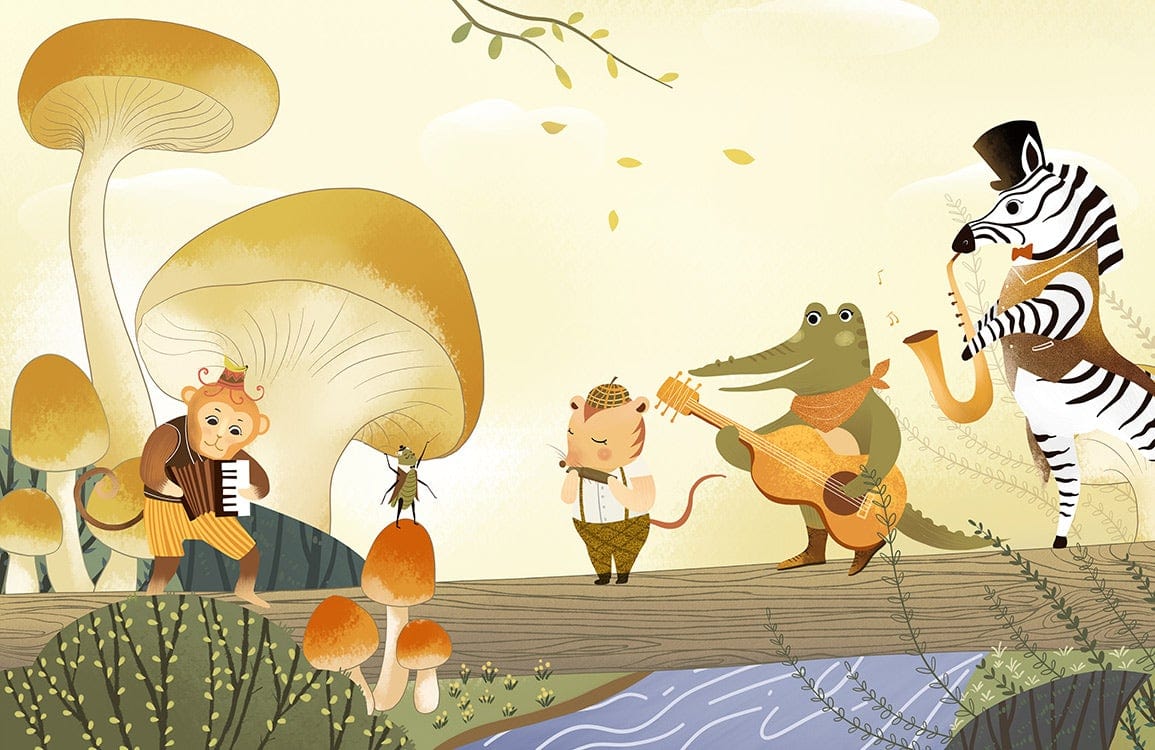 Whimsical Jungle Band Mural Wallpaper with Mushrooms in Earthy Tones