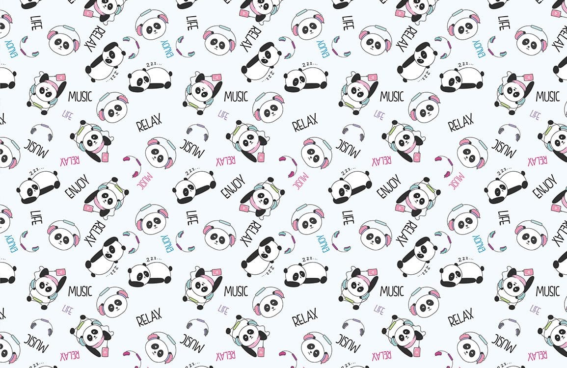 Cute Panda Music-Themed Relaxation Wallpaper with Pastel Accents, Repeating Pattern