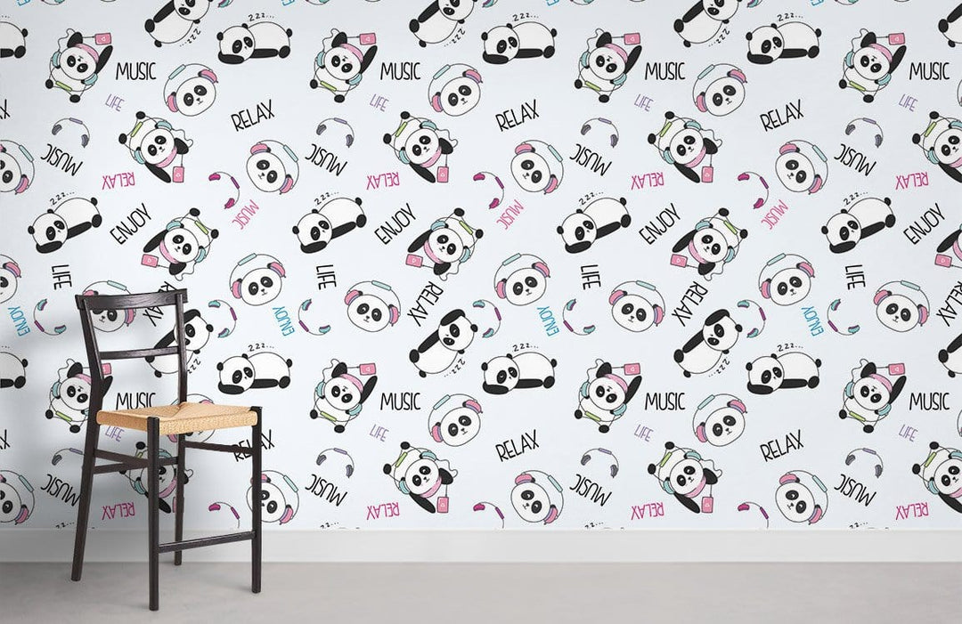 Cute Panda music-themed wallpaper, pastel accents, wooden chair, white wall. Dimension available upon request.