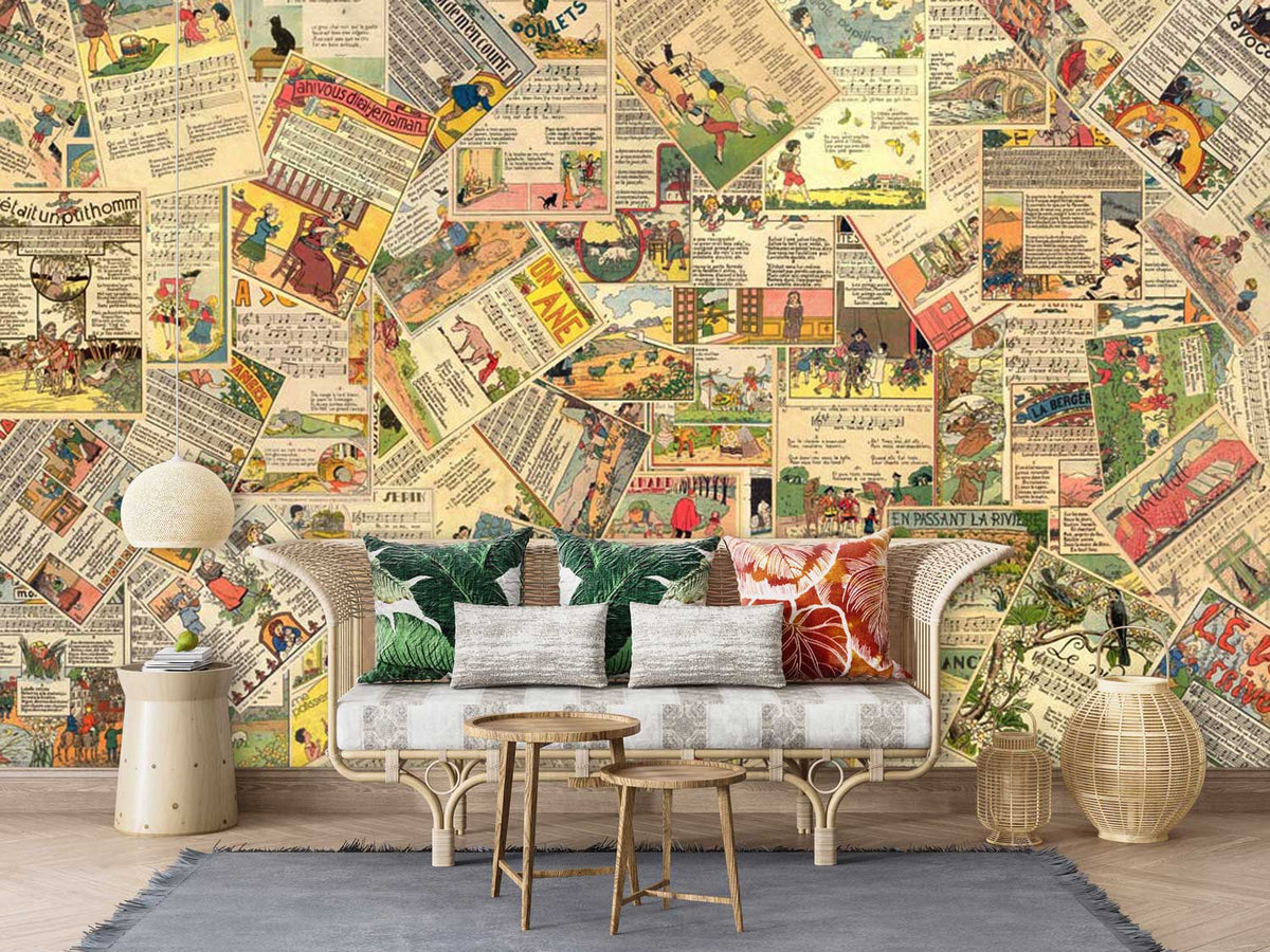 Vintage comic wallpaper in multicolour behind wicker sofa, eclectic cushions, wooden floor, modern decor.