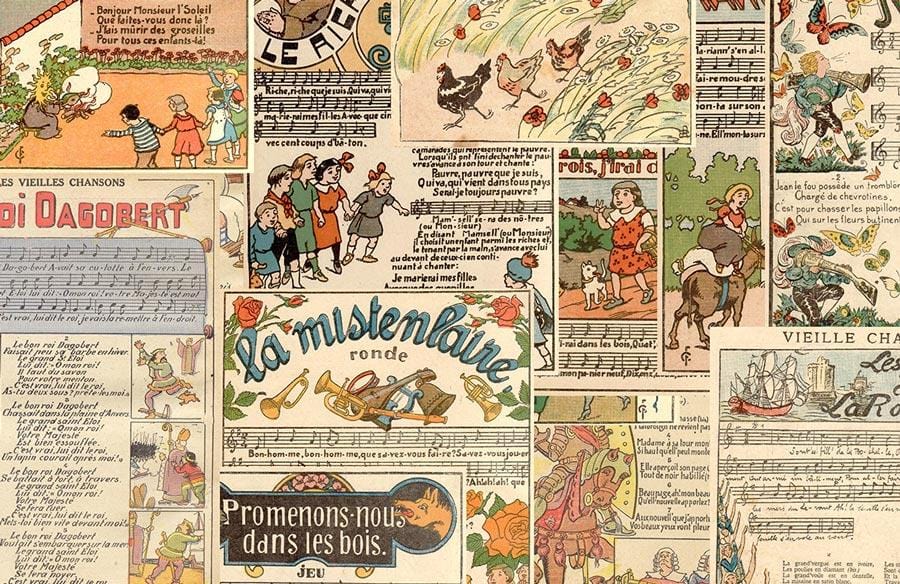 Vintage French Storybook Collage Wallpaper in Pastel Nostalgic Retro Design