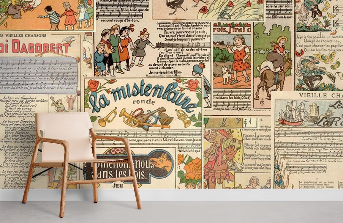 Vintage French storybook collage wallpaper with pastel retro design, wooden chair, grey flooring.