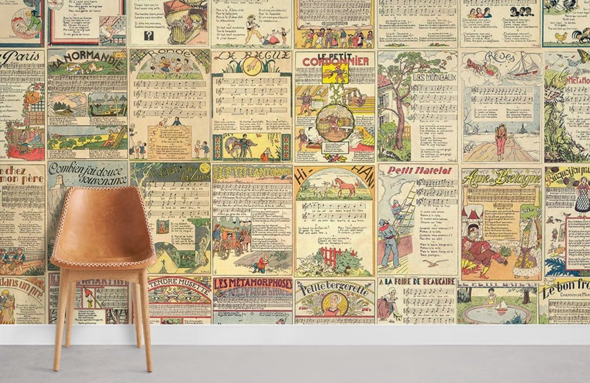 Vintage French newspaper-style collage wallpaper, cream and multicoloured, with brown chair, grey floor.