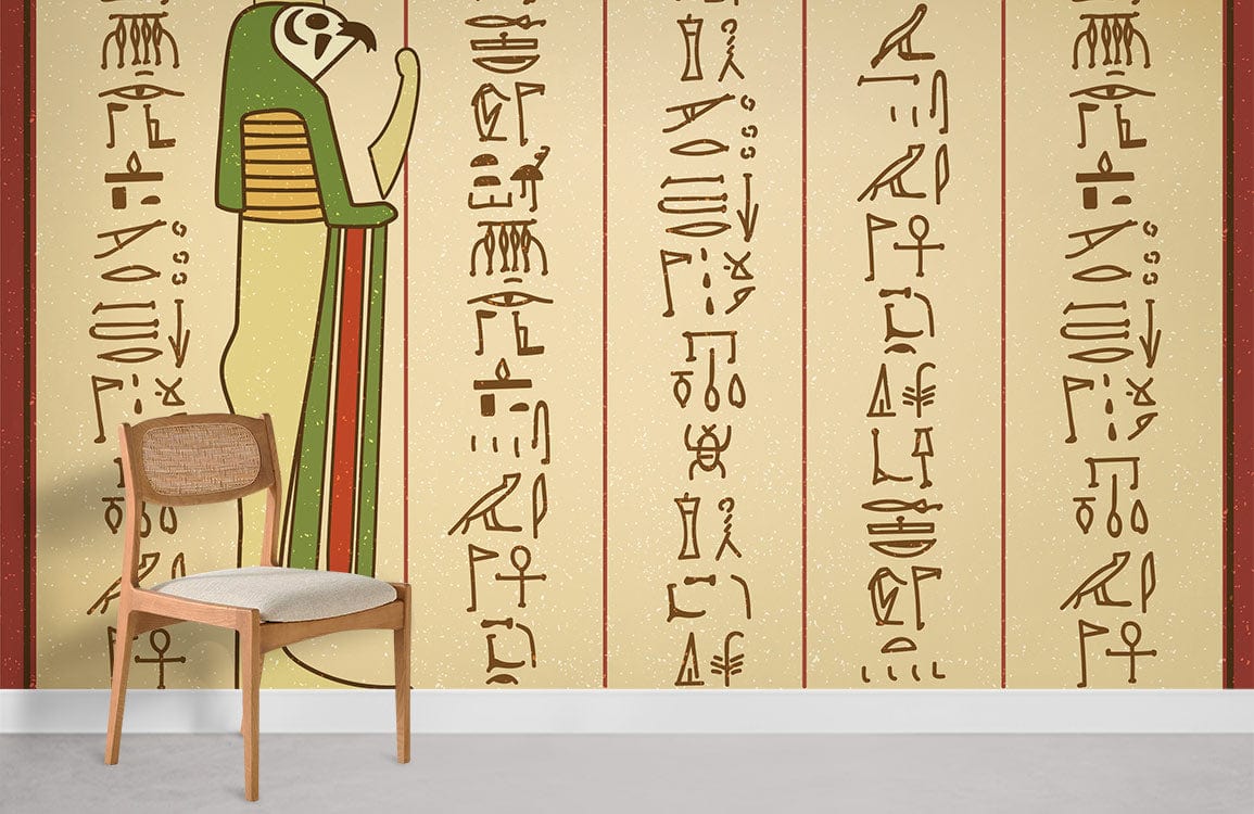 Ancient Egyptian hieroglyph mural in earthy tones, wooden chair, modern interior, light floor.