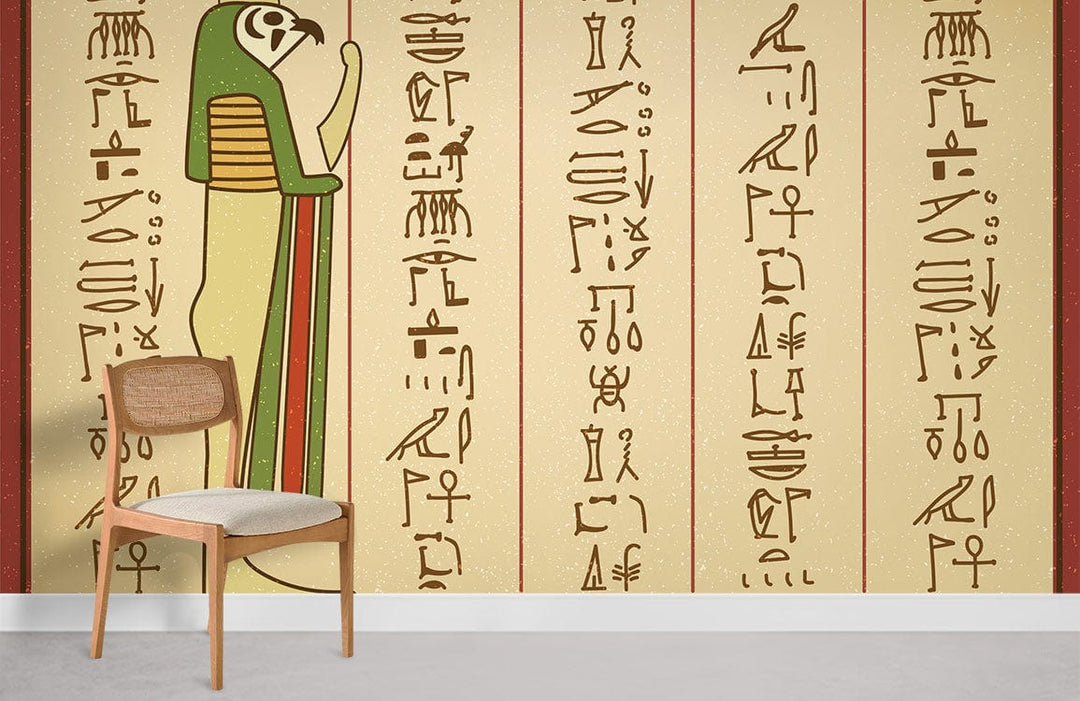 Ancient Egyptian hieroglyph mural in earthy tones, wooden chair, modern interior, light floor.