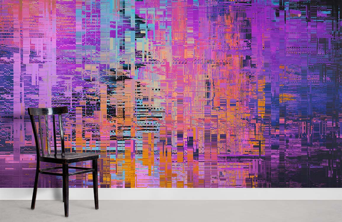 Vibrant geometric abstract mural with chair, purple orange turquoise style, concrete flooring, modern decor.