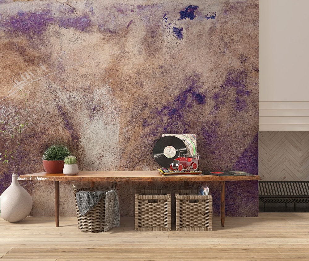 Abstract Purple and Brown Rustic Textured Wallpaper in room with wooden bench and light wood flooring.