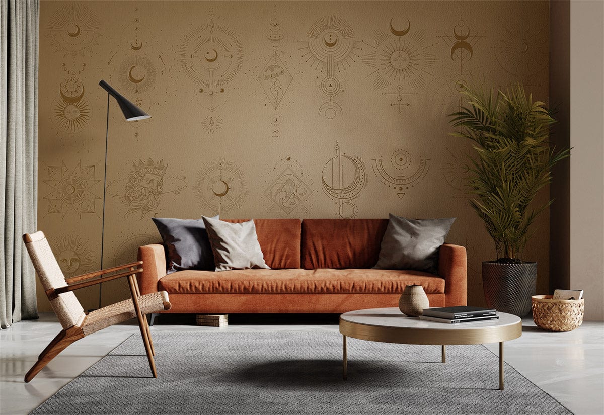 Vintage Celestial mural wallpaper with gold patterns, brown sofa, modern chair, grey rug, indoor plant.