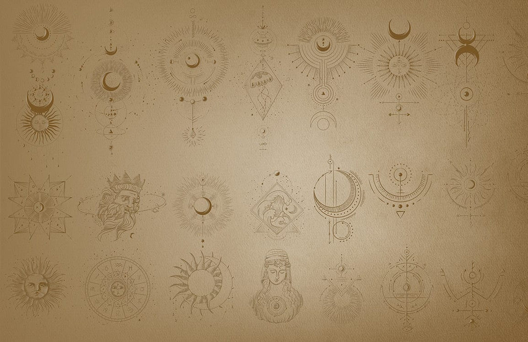 Vintage Celestial Mural Wallpaper: Intricate Gold Sun and Moon Patterns